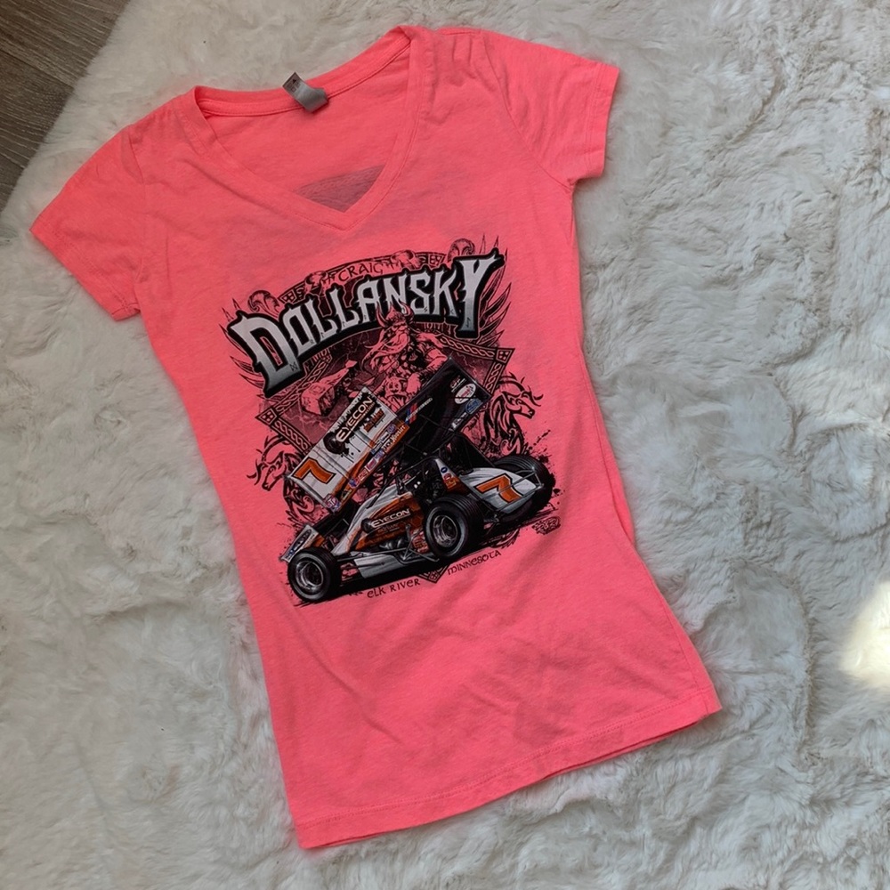 Dollansky car racing T-shirt, hot pink, Size S, made by Next Level